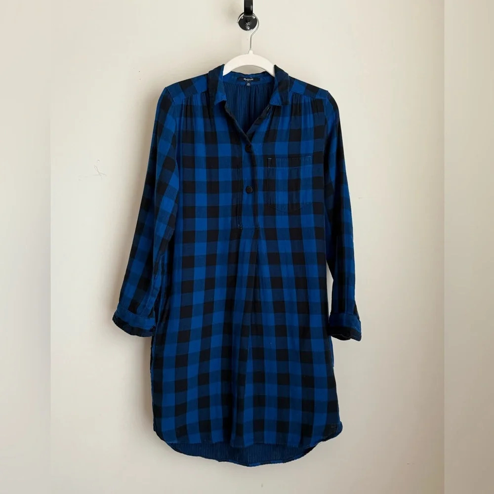 Madewell Flannel Shirt Dress - Latitude Blue Black Buffalo Plaid Size XS - Picture 8 of 12